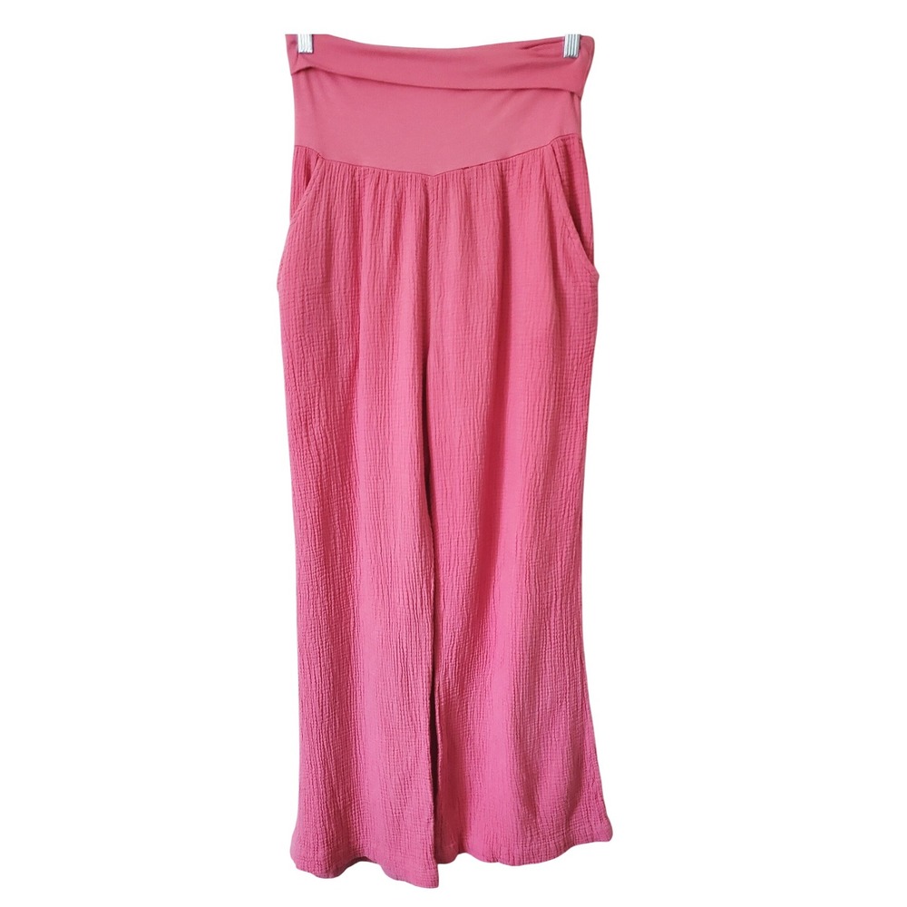 LA made Pink Cotton Gauze‎ Wide Leg Pants Foldover Waist Womens L Beach vacation